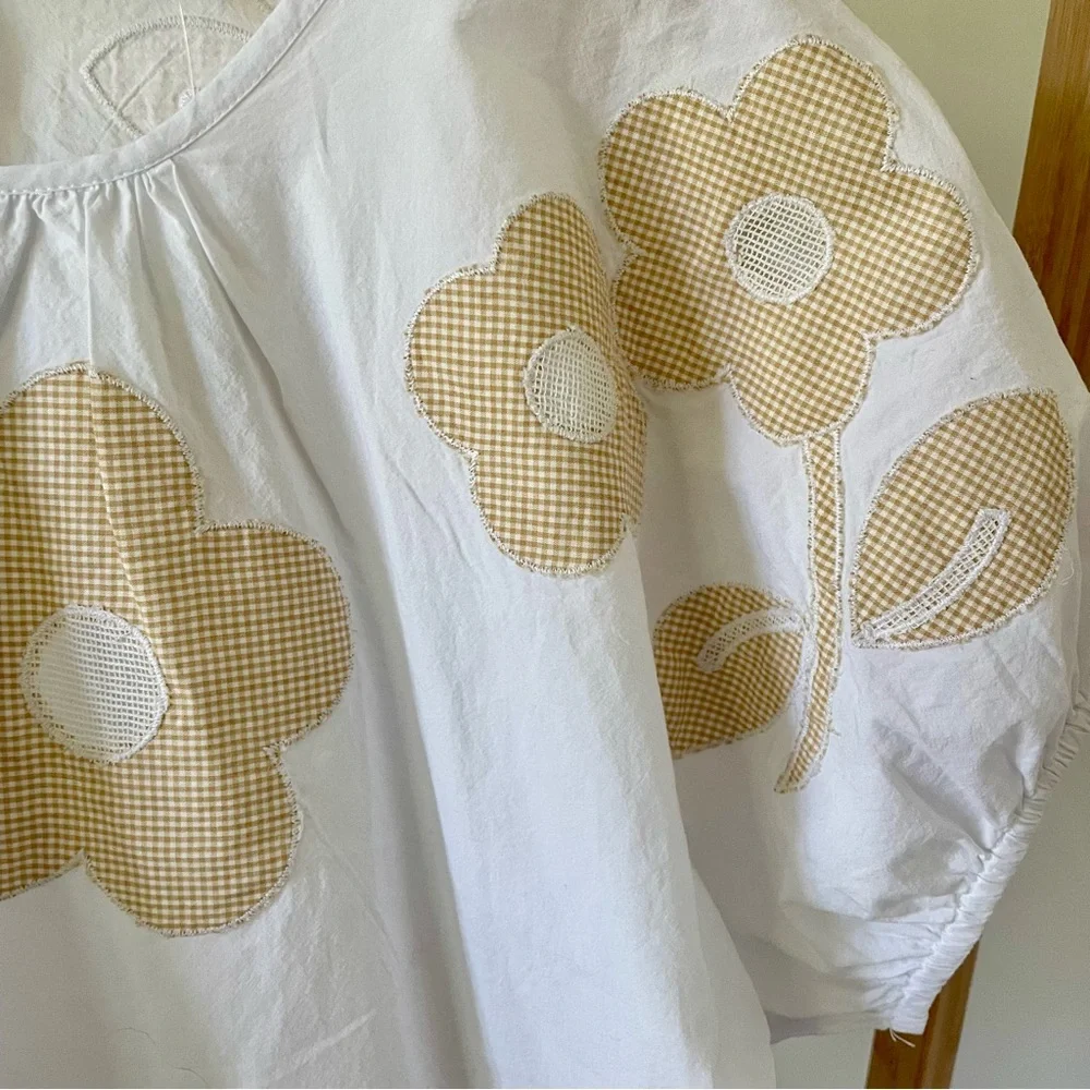 NWT Madewell Poplin Gingham Embroidered Flower Puff Sleeve Cut Out Top in White